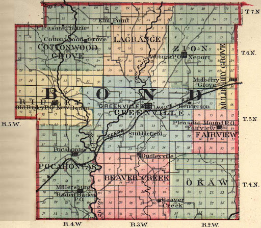 hand colored map in red, green, blue, yellow of county showing roads, rivers, cities, townships
