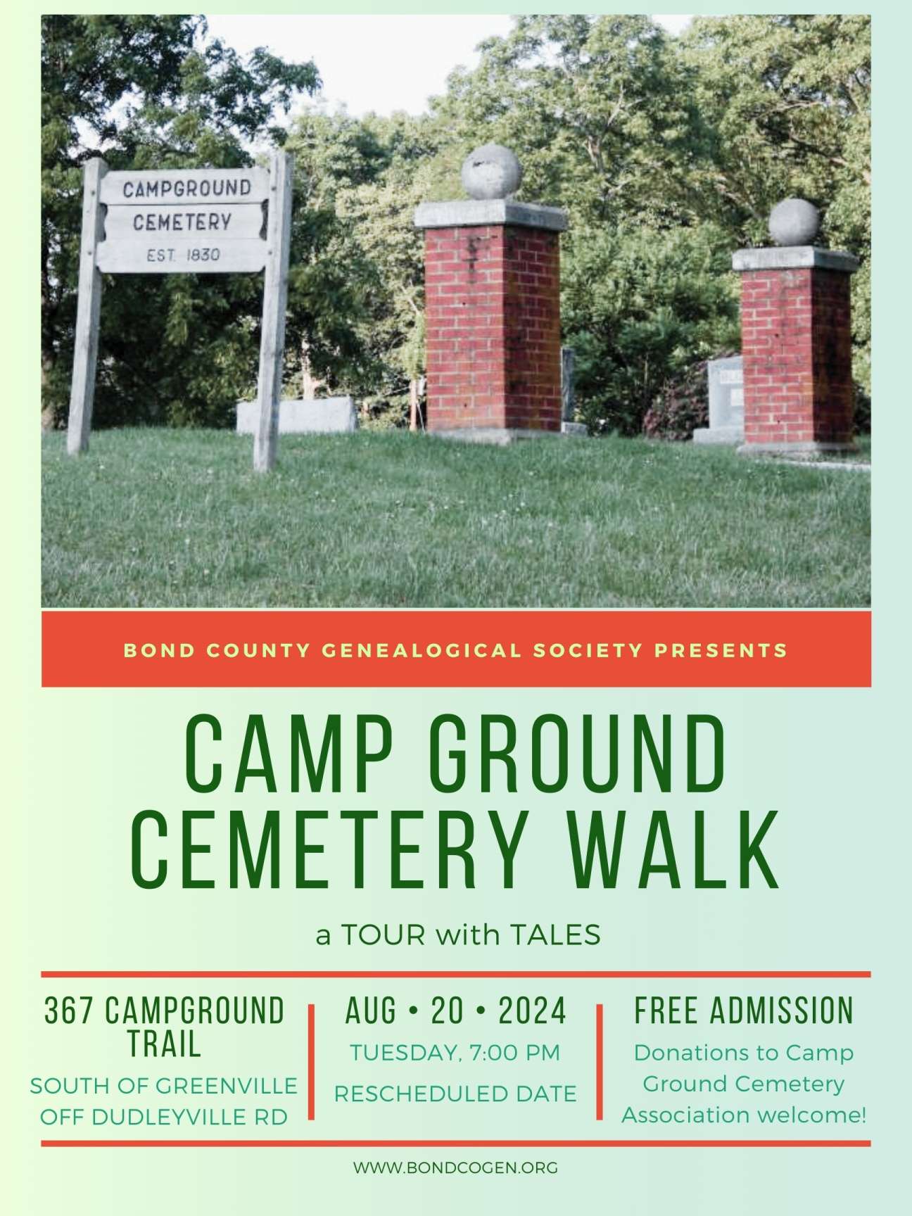 text and photograph, weathered wooden sign on posts, two square columns of red brick topped with cement spheres, green trees and grass, stone gravemarkers