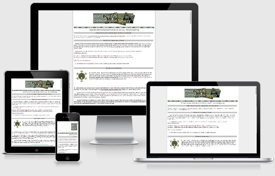 website home page displayed on desktop monitor, laptop, tablet, and phone; logo at top of page, thin green navigation menu and text-based body of page.